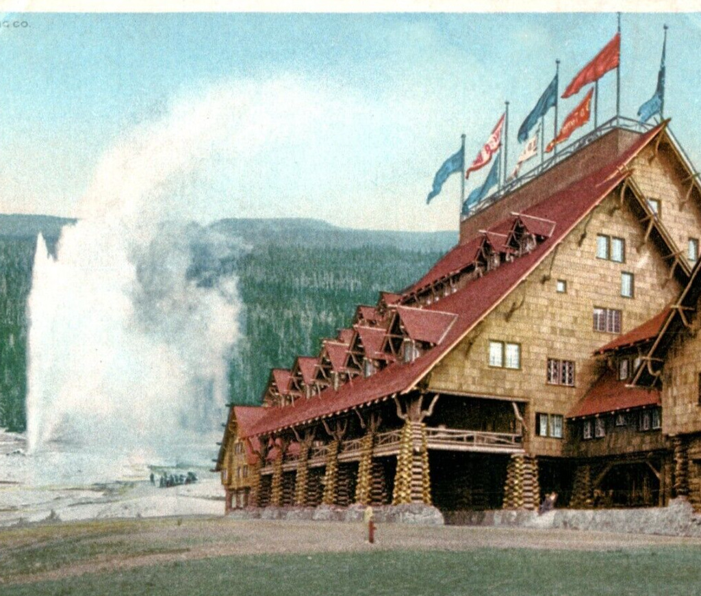 Old Faithful & Inn Flags Phostint Detroit Yellowstone National Park Postcard A7