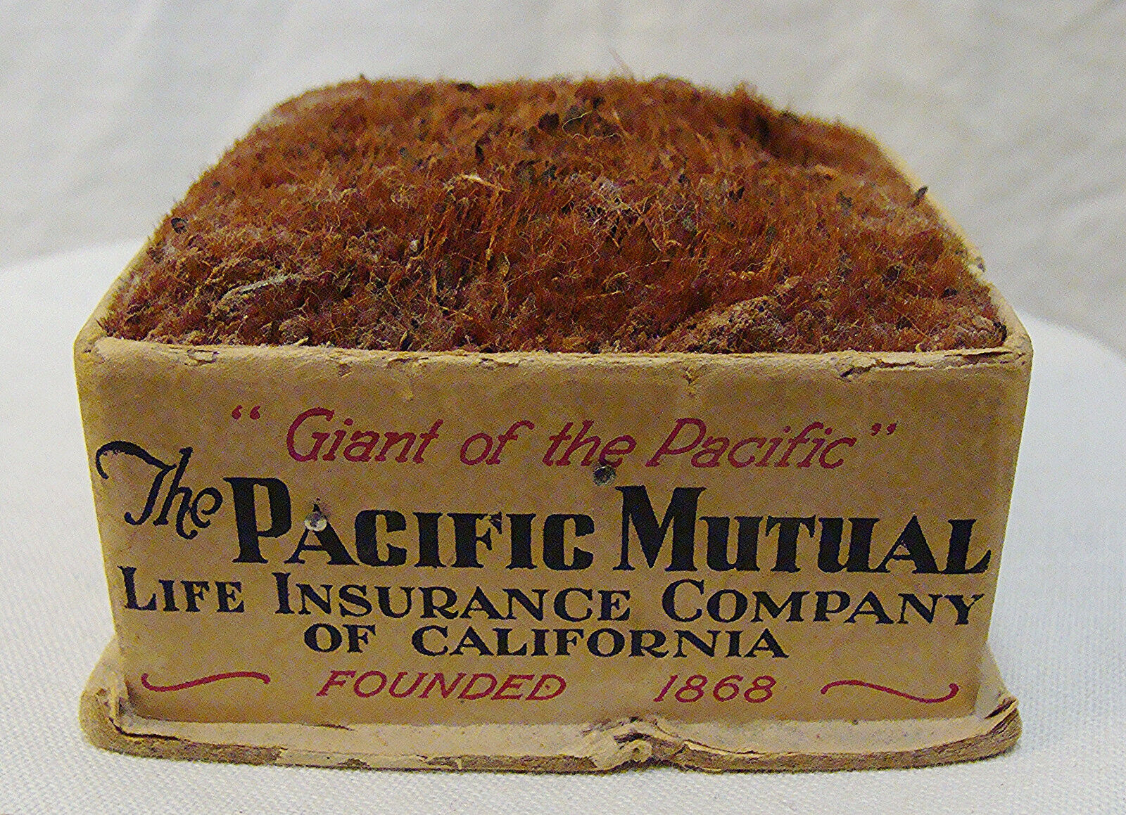Vtg Pacific Mutual Insurance Bark of Big Trees of California Desk Pin Cushion