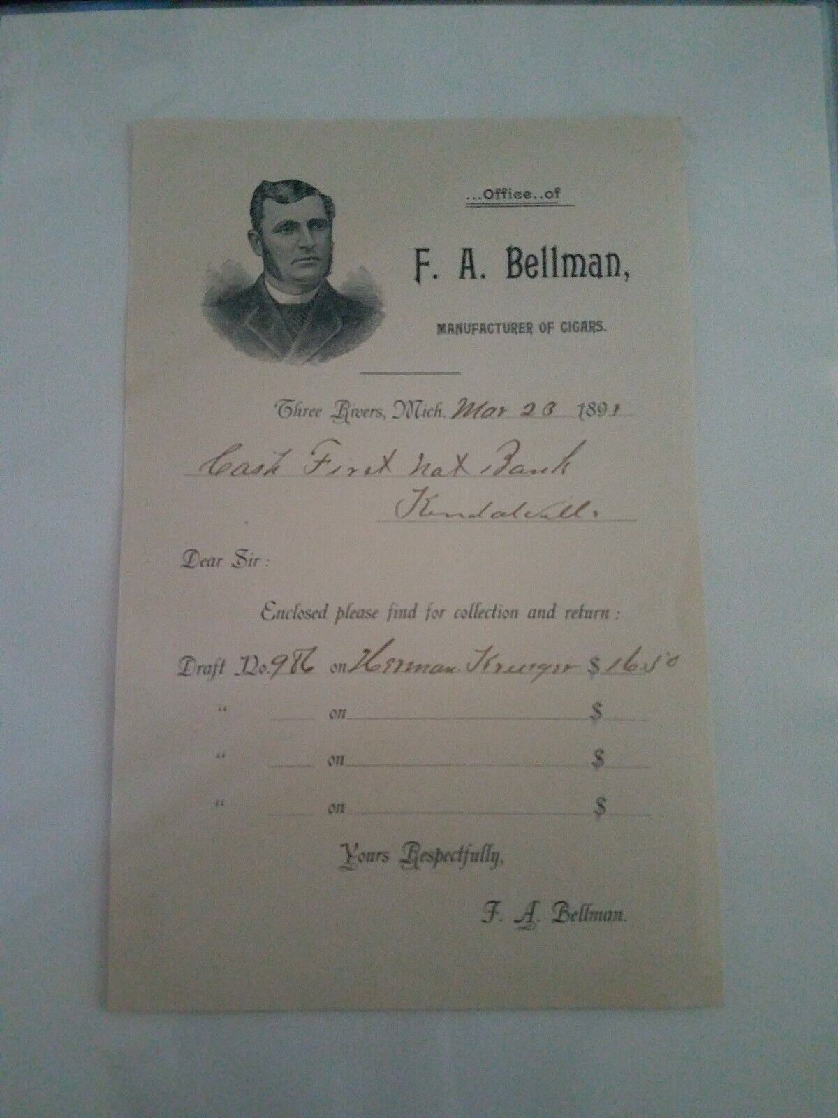 Vintage F A Bellman Cigar Receipt Invoice Three Rivers MI Michigan 1891 Rare