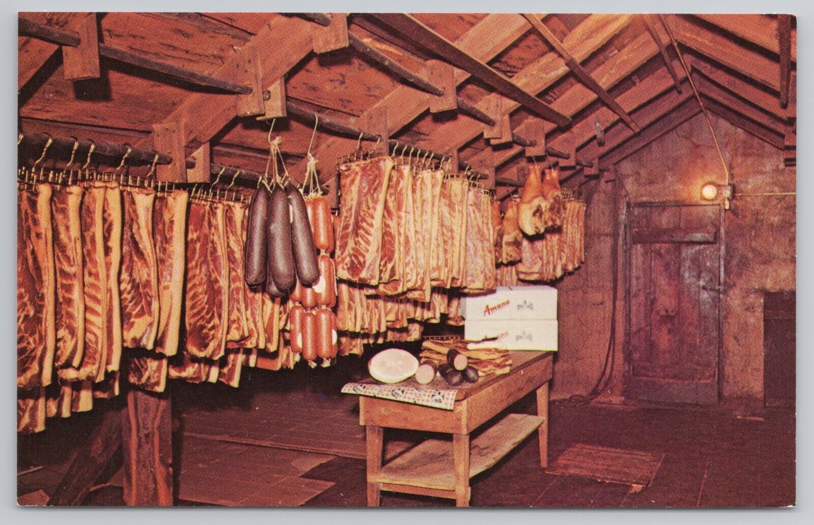 Amana Meat Shop Iowa Hickory Smoked Meats Hanging Vintage Postcard
