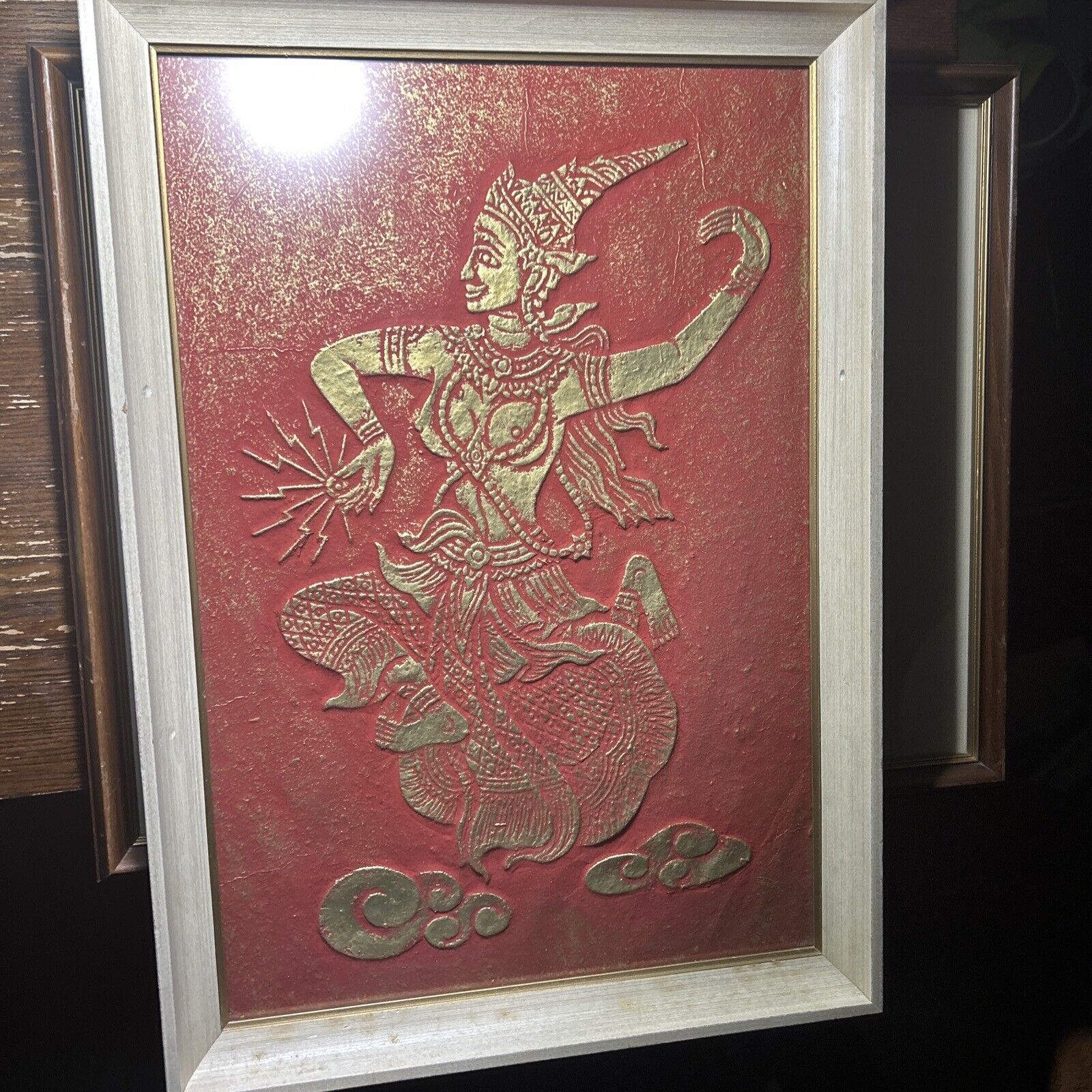 VTG Thai Hindu Matrika Indrani Reverse Press Printed Piece BEAUTIFUL Red Gold