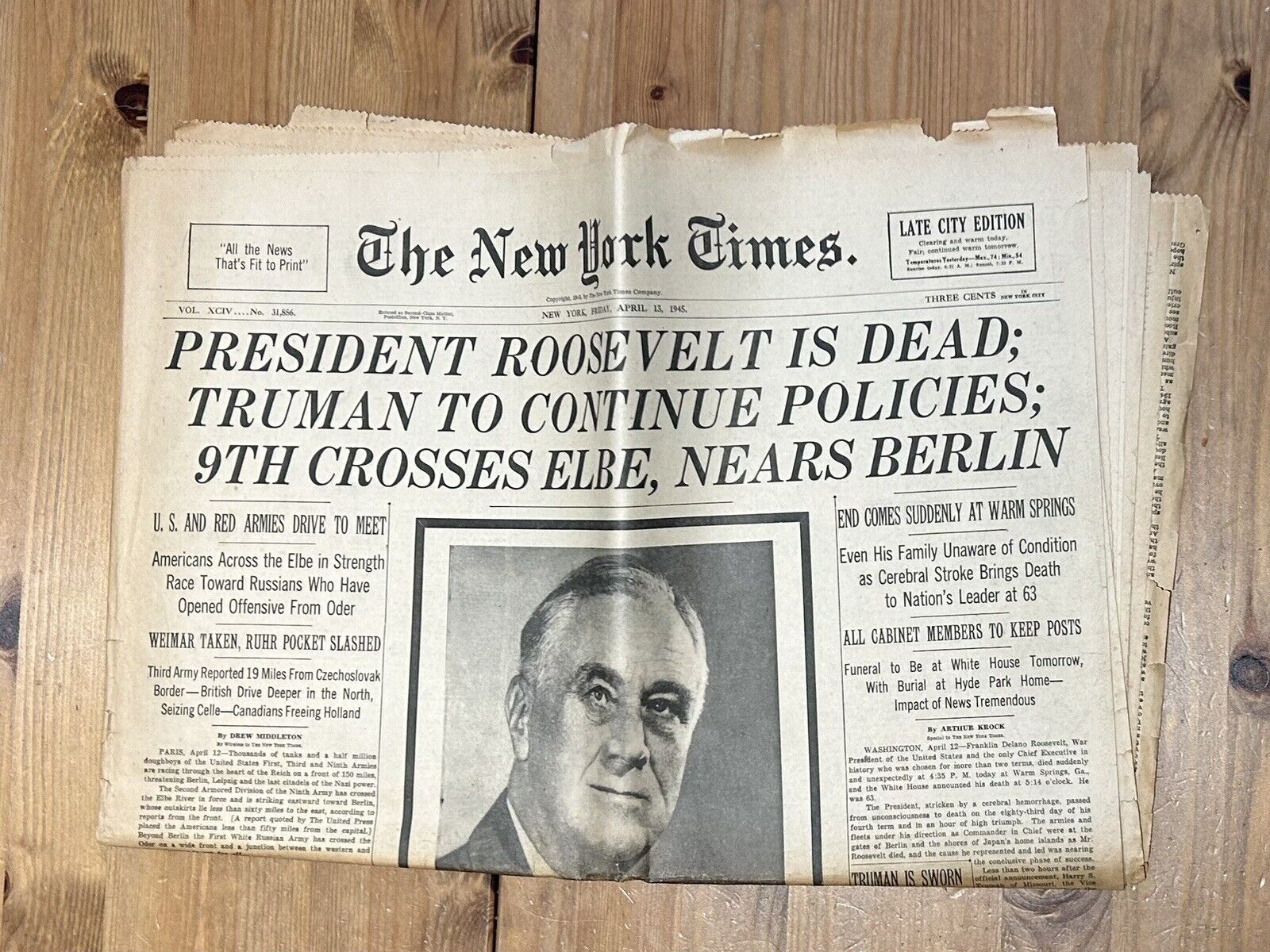 1945 APRIL 13 NEW YORK TIMES - PRESIDENT ROOSEVELT IS DEAD - NP 6467