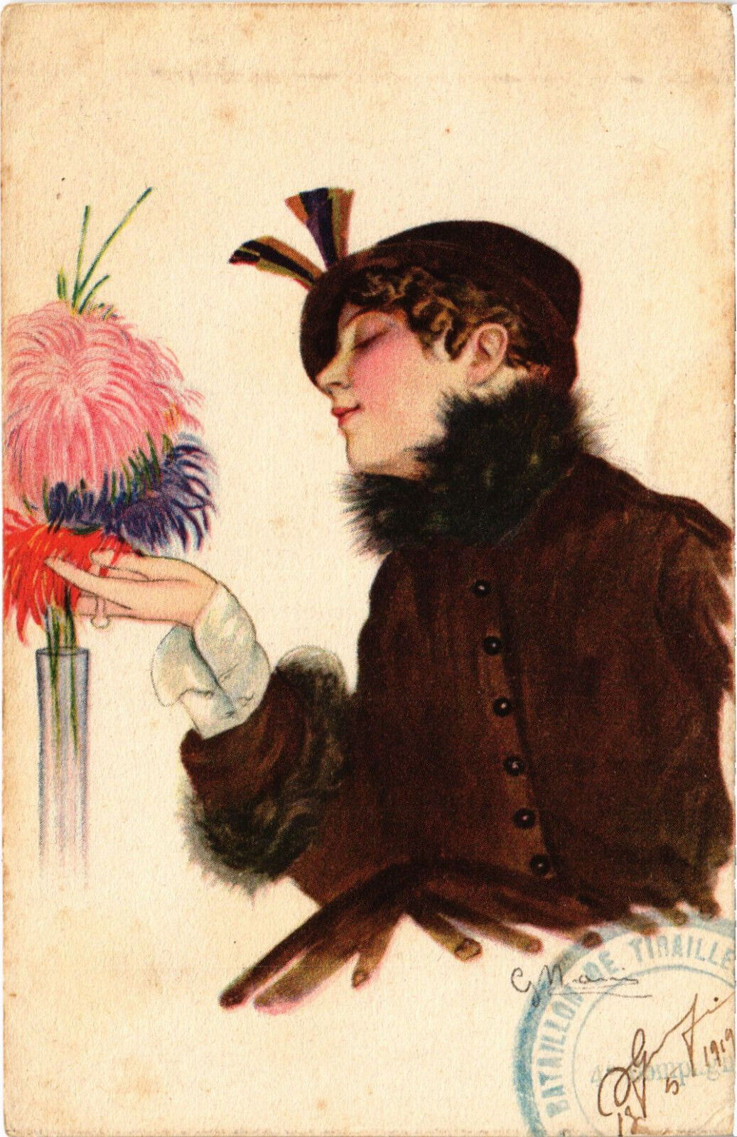 PC ARTIST SIGNED, NANNI, GLAMOUR LADY, FLOWERS, Vintage Postcard (b51004)