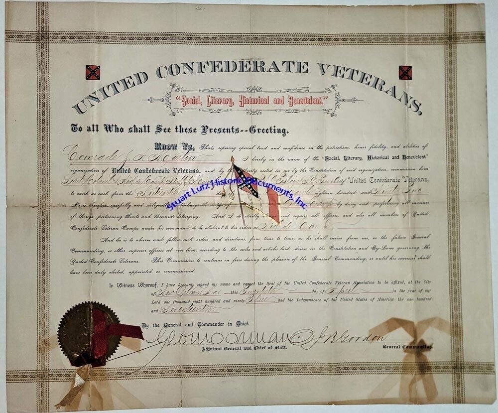 Confederate general John B Gordon signed a United Confederate Veterans diploma