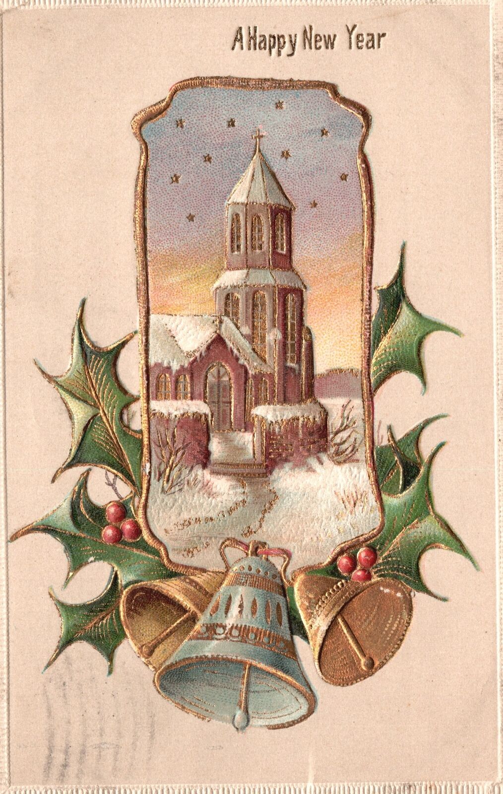 Vintage Postcard 1909 A Happy New Year Church Winter Scene Snow Bells Leaves