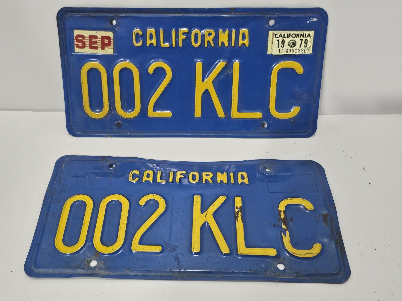 Vintage 1970s 1980s California CA Blue License Plates Unrestored PAIR “002 KLC”