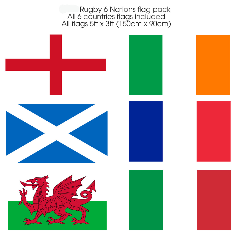Rugby 6 Nations Flag pack 5ftx3ft Fabric flags with eyelets All Six Nations flag