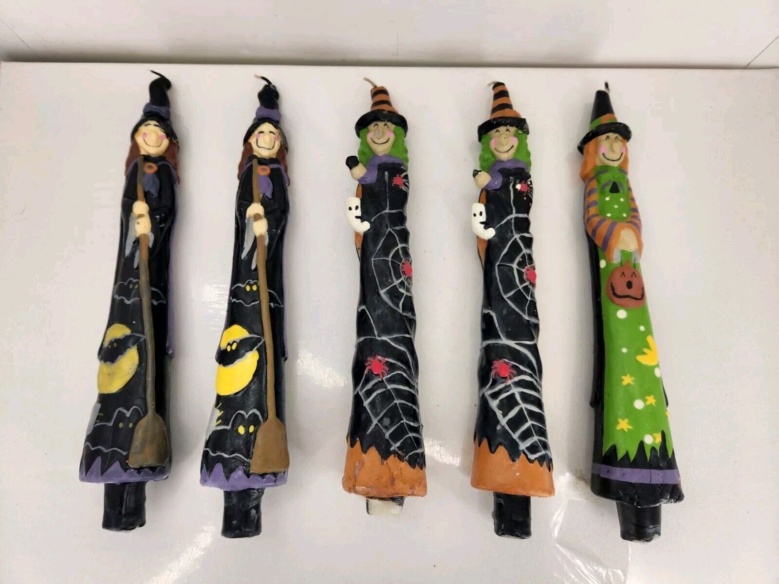 Vintage Set of 5 Happy Witch Taper Candles 10” Never Lit Halloween 