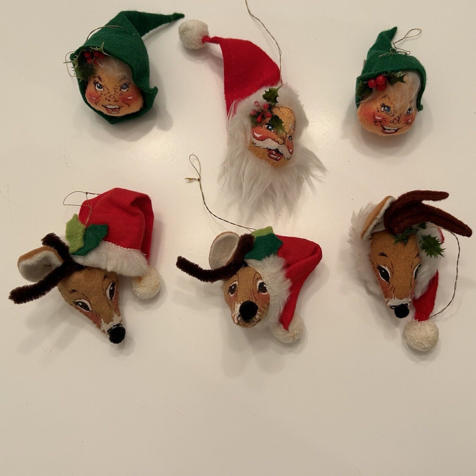 Annalee Mobilitee Set 6 Santa Elves Reindeer Heads Christmas Ornaments 81&91 USA