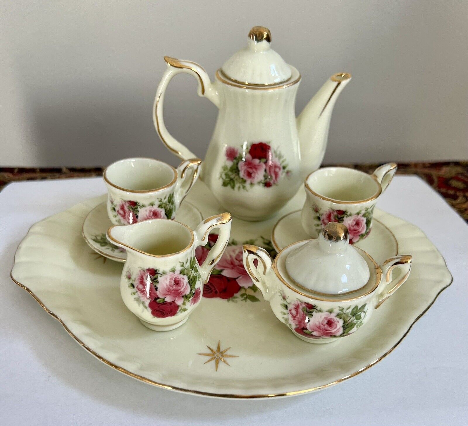 Vintage Formalities By Baum Bros Miniature Childs Tea Set Floral Pink Roses MCM