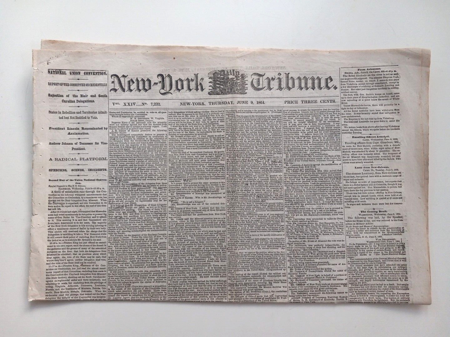 LINCOLN RENOMINATED/POST-CIVIL WAR NEWS/ NEW YORK TIMES JUNE 9, 1864