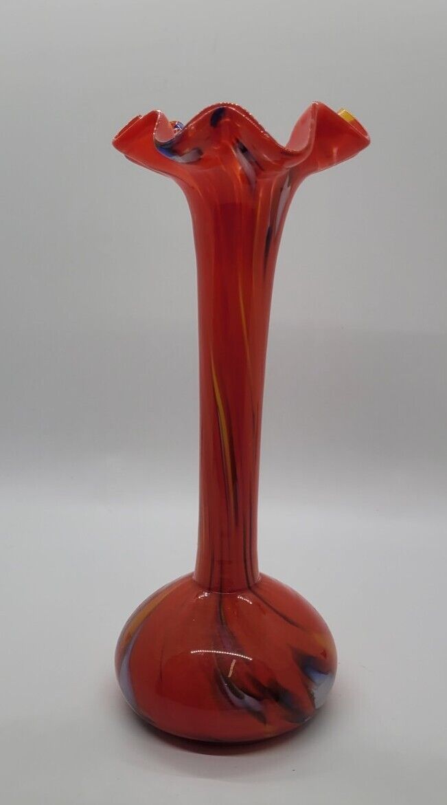 Antique Czech Art Deco Spatter Blown Glass Vase Red Multi Color 7.75 In