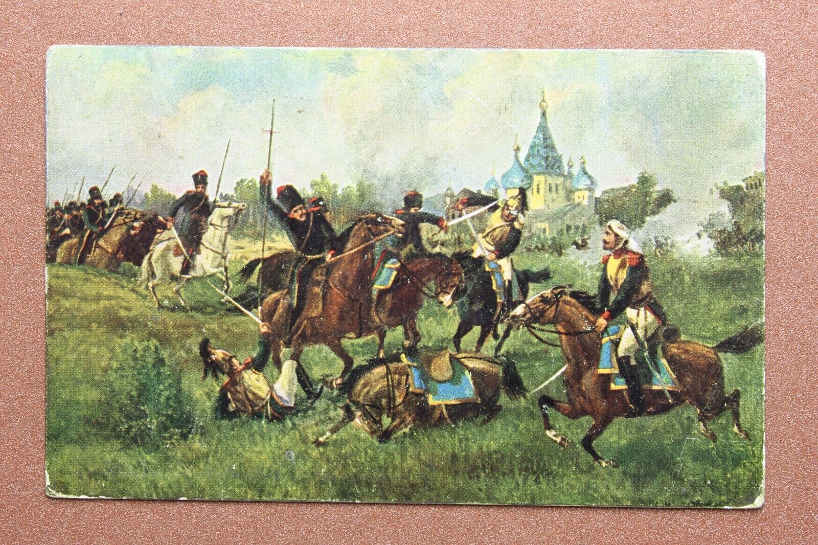 Tsarist Russia postcard 1909 Battle Maly Yaroslavets Kutuzov - Napoleon. Cossack