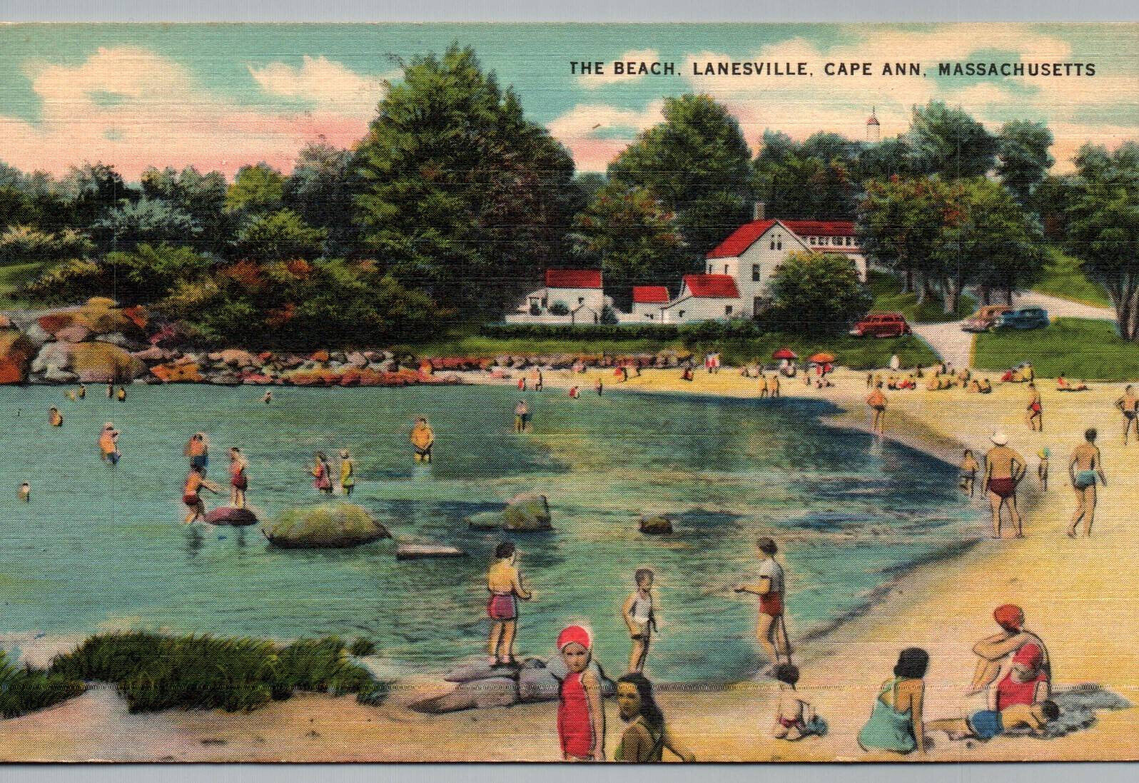 Cape Ann MA Postcard Beach Lanesville Massachusetts 1940s Linen Bathing View
