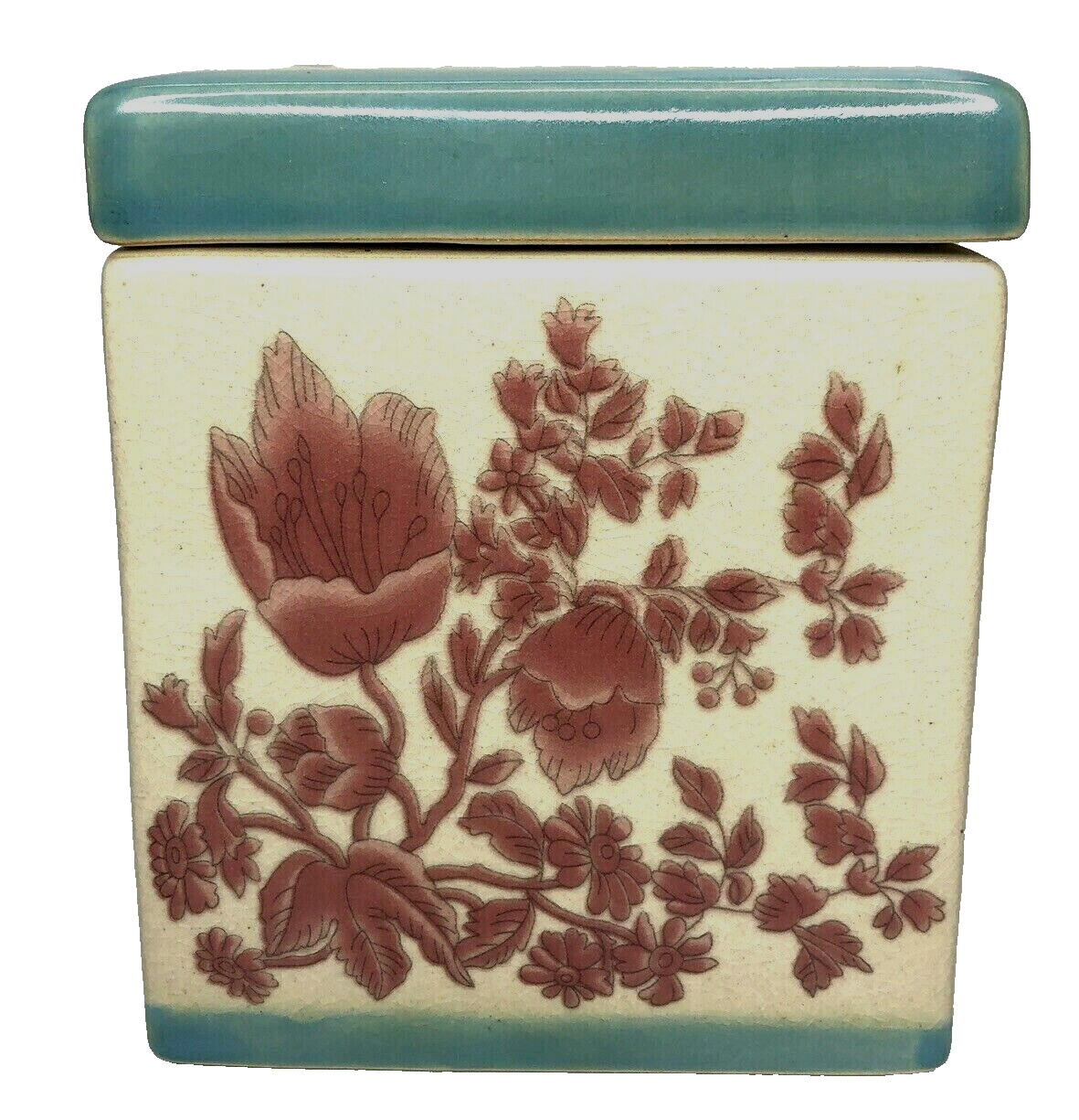 Pier 1 Pottery Kitchen Vanity Storage Canister Jar Square Dusty Rose Floral 5x6\