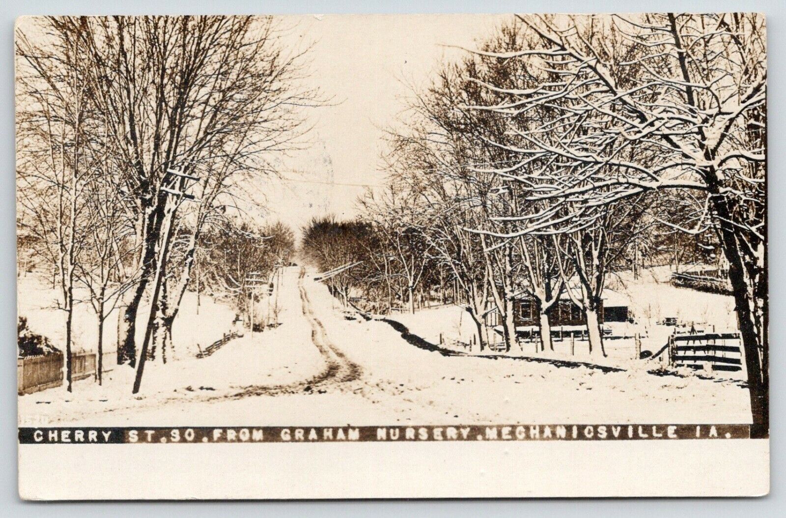 Mechanicsville Iowa~Cherry Street S @ Graham Nursery~Winter~Hotel West~1909 RPPC