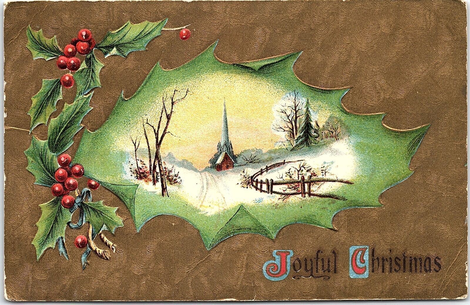 1909 JOYFUL CHRISTMAS GILDED SNOW SCENE ABINGDON ILLINOIS POSTCARD 41-188