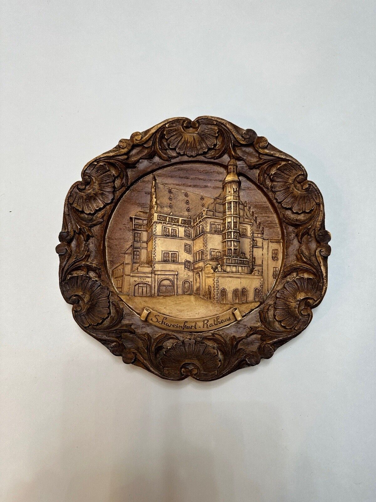 Vintage Schweinfurt Rathaus German Carved Wood Resin Collector Plate 9”