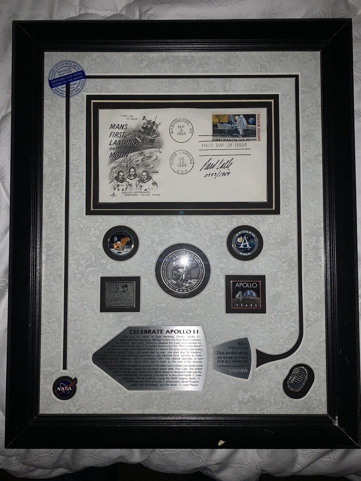 Apollo 11 Anniversary Framed display Signed By Paul Calle LE # 0753/1969