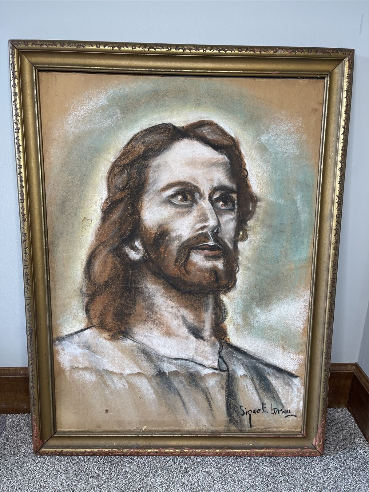 Framed Signed Jesus Pastel Chalk Art Signe E. Larson Signe Larson LARGE