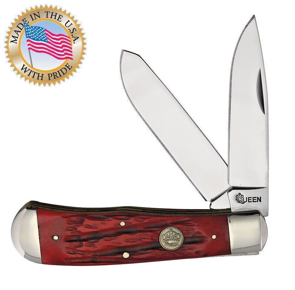 Queen pocket knife Big Boy Trapper Red Bone Handle 1055 Carbon Steel Blades USA