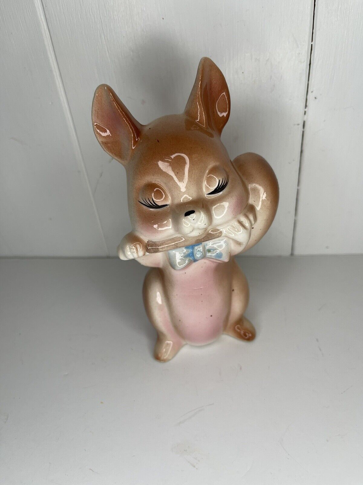 Vintage Porcelain Ceramic Rabbit Figurine Playing Instrument Flute Japan 5