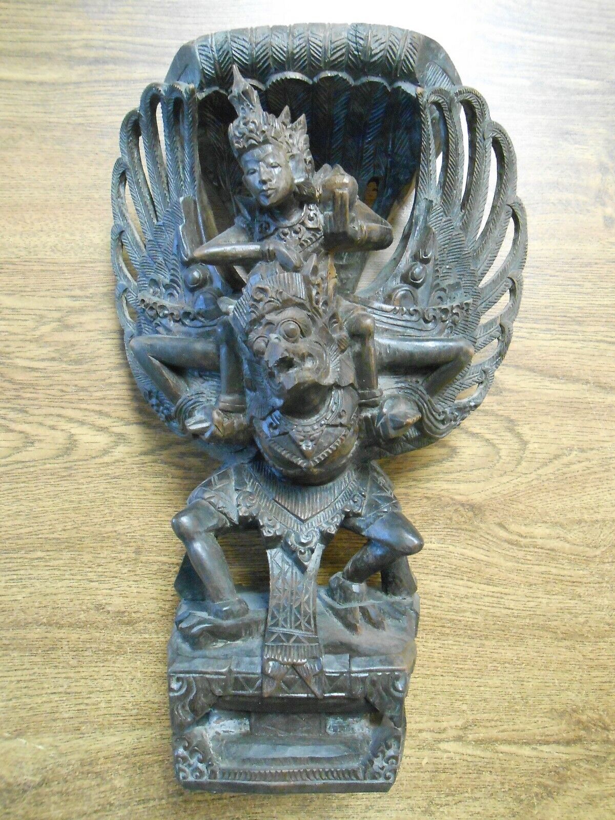 Antique Hindu Balinese Lord Vishnu Riding Garuda Carved Wood Statue 12.25\