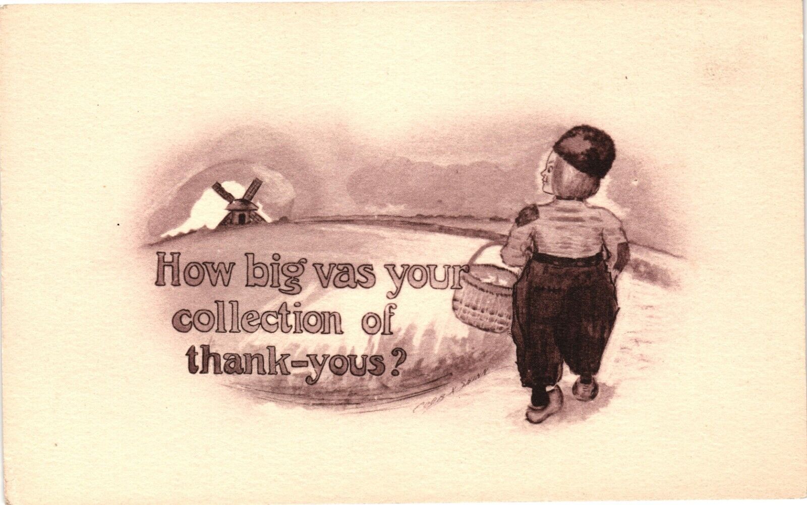 Cartoon Dutch Boy Windmill Collection of Thank-You Divided Postcard Unused c1913