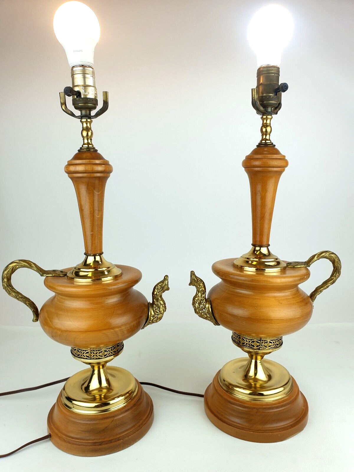 MCM Turned Wood & Ornate Brass Teapot Table Lamp Pair Unique Vintage Kitschy