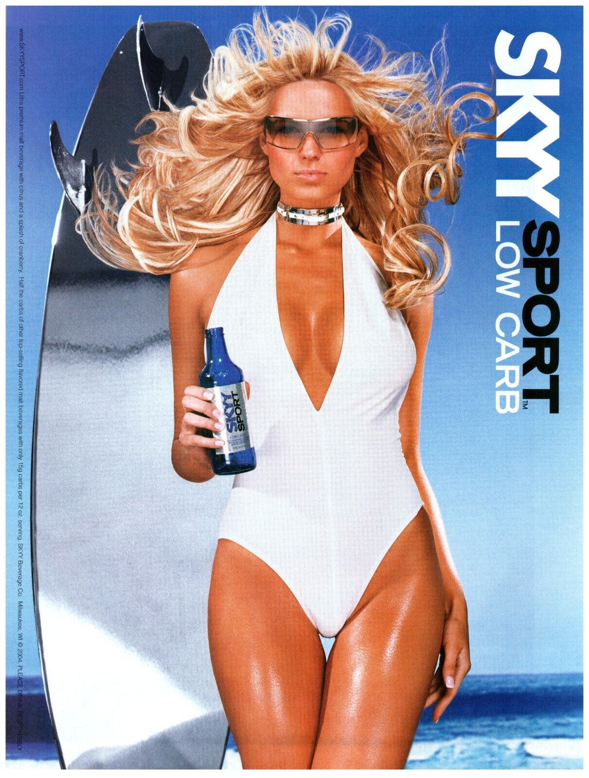 2004 Skyy Sport Low Carb Print Ad, Sexy Blonde Swimsuit Model Surfboard Cleavage