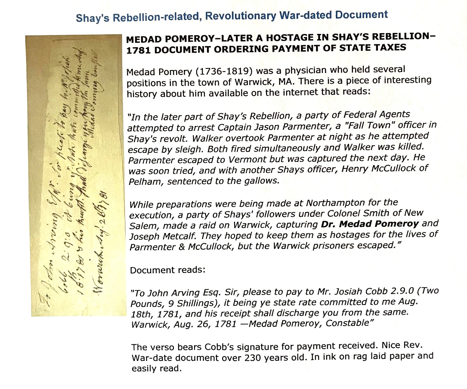 American Revolution Era Document Shay\'s Rebellion Related