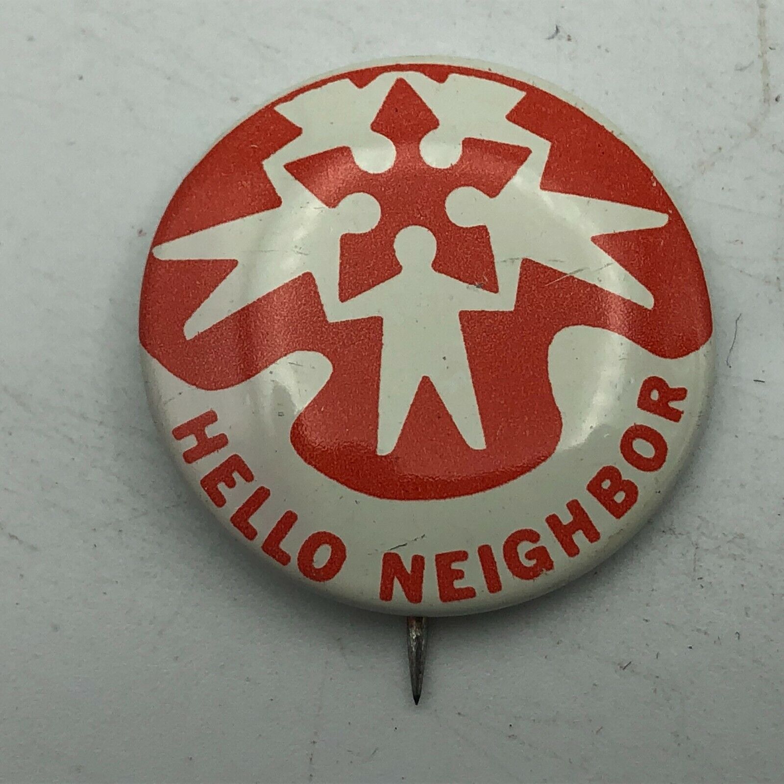 HELLO NEIGHBOR Pinback Button Pin Holding Hands Snowflake Pattern Vintage 1\