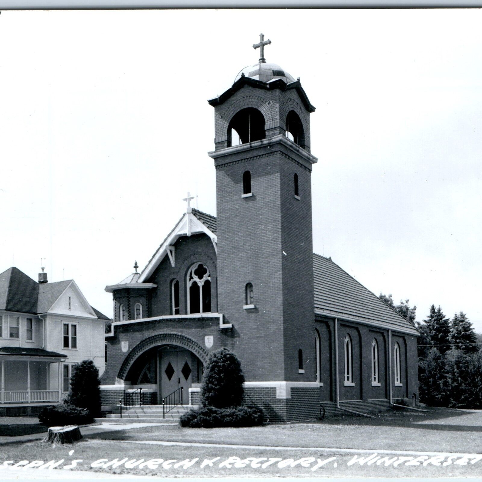 c1950s Winterset, IA RPPC St. Joseph\'s Church & Rectory Bell Tower Photo PC A108