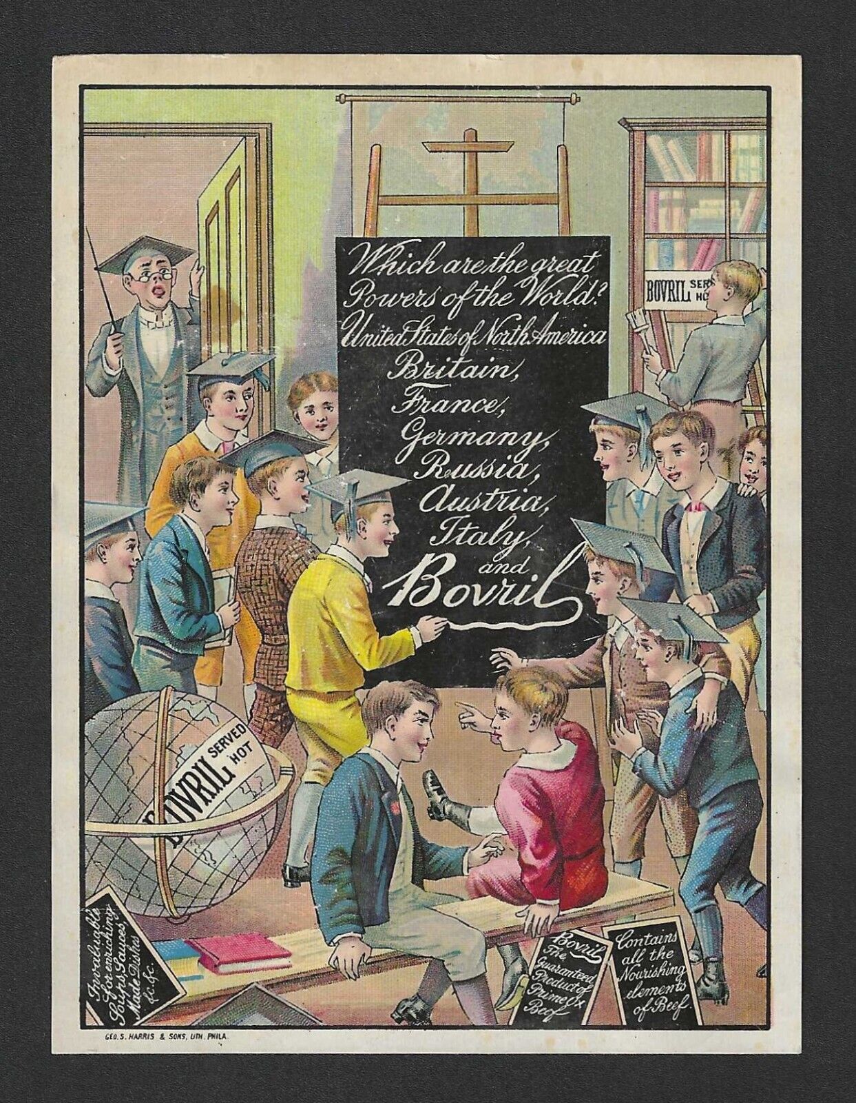 c1890\'s Bovril Trade Card - University Classroom Students & Globe - New York
