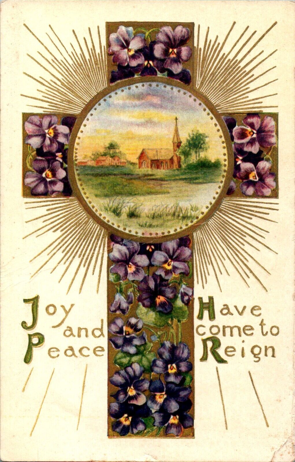 Easter, Joy and Peace Have Come to Reign, Cross, Church, Purple Flowers Embossed
