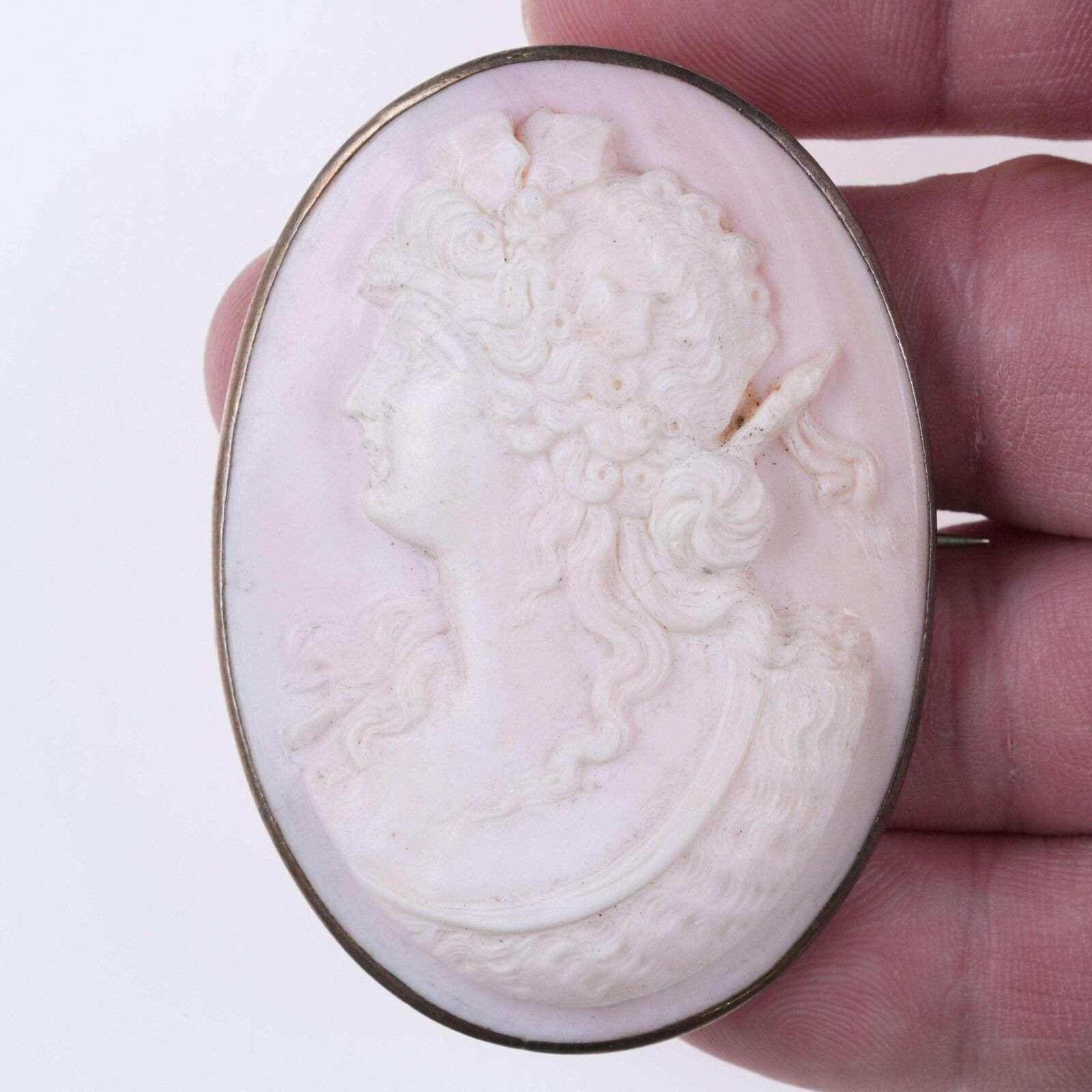Large Antique pink shell cameo with silver mount