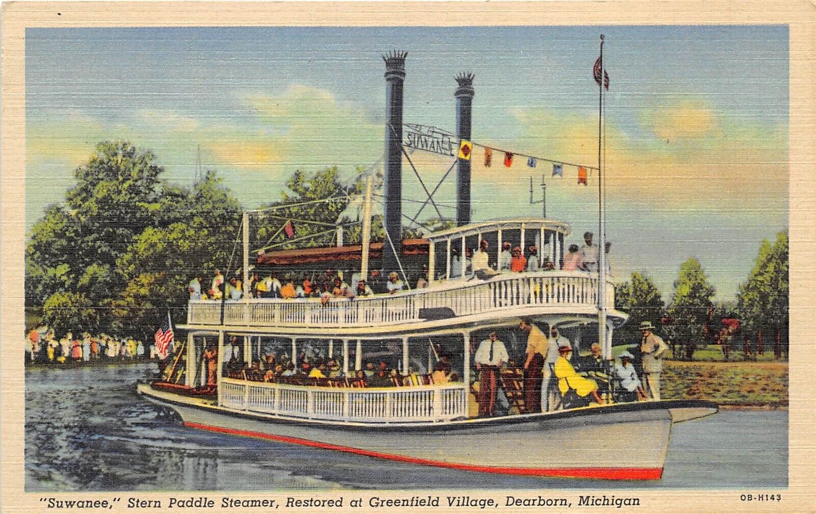 Dearborn Michigan 1940s Postcard Suwanee Stern Paddle Steamer at Greenfield 