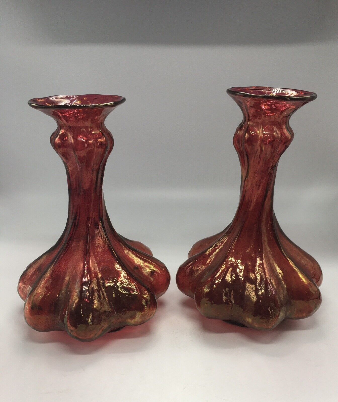2 Vintage Red & Gold Amberina Art Glass MCM Twisted Candle Holders, 6x8”