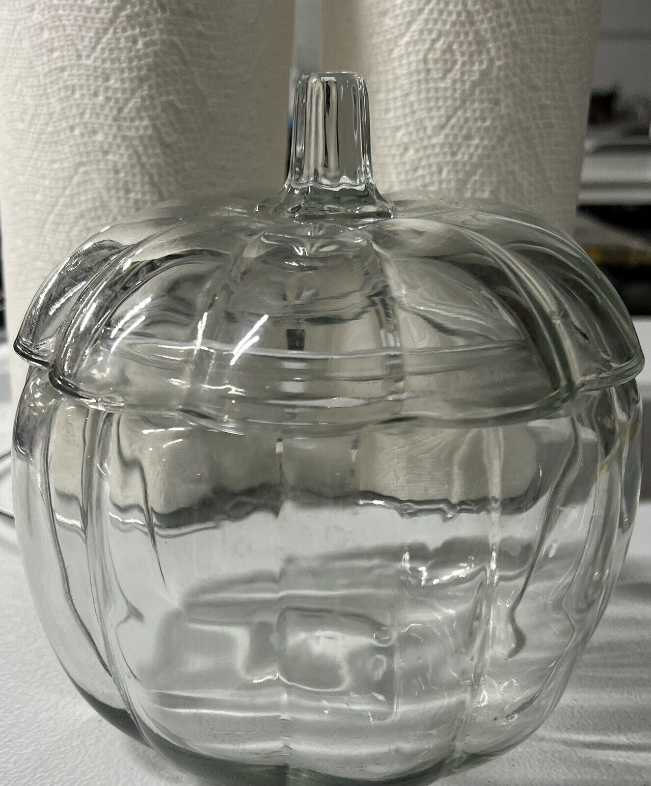 Vintage 7 inch Pumpkin Clear Crystal Candy Jar Cookie Jar Fall Décor With Lid