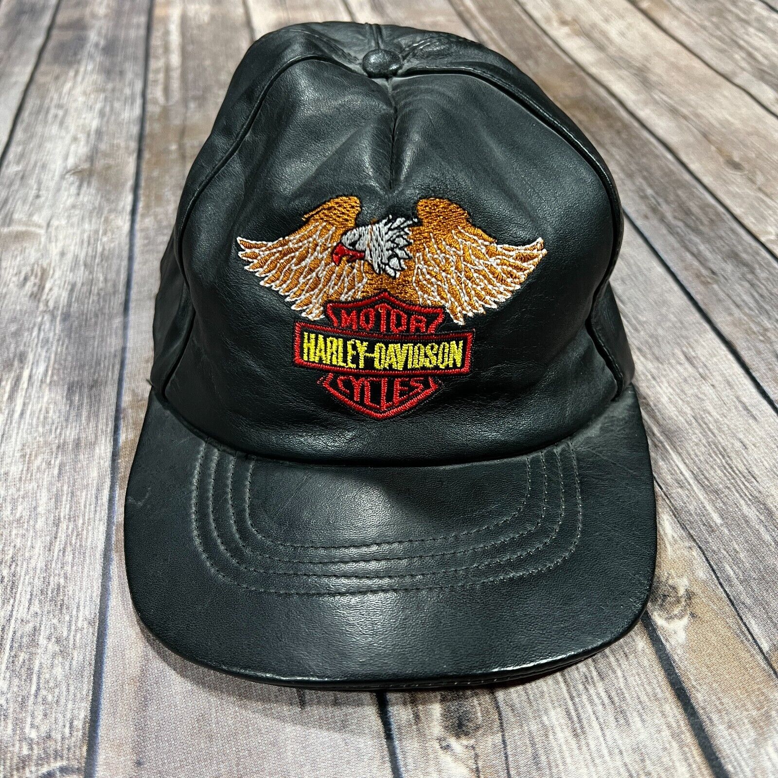 VINTAGE Harley Davidson Leather Hat Adjustable Strap Cap Black Motorcycle Eagle