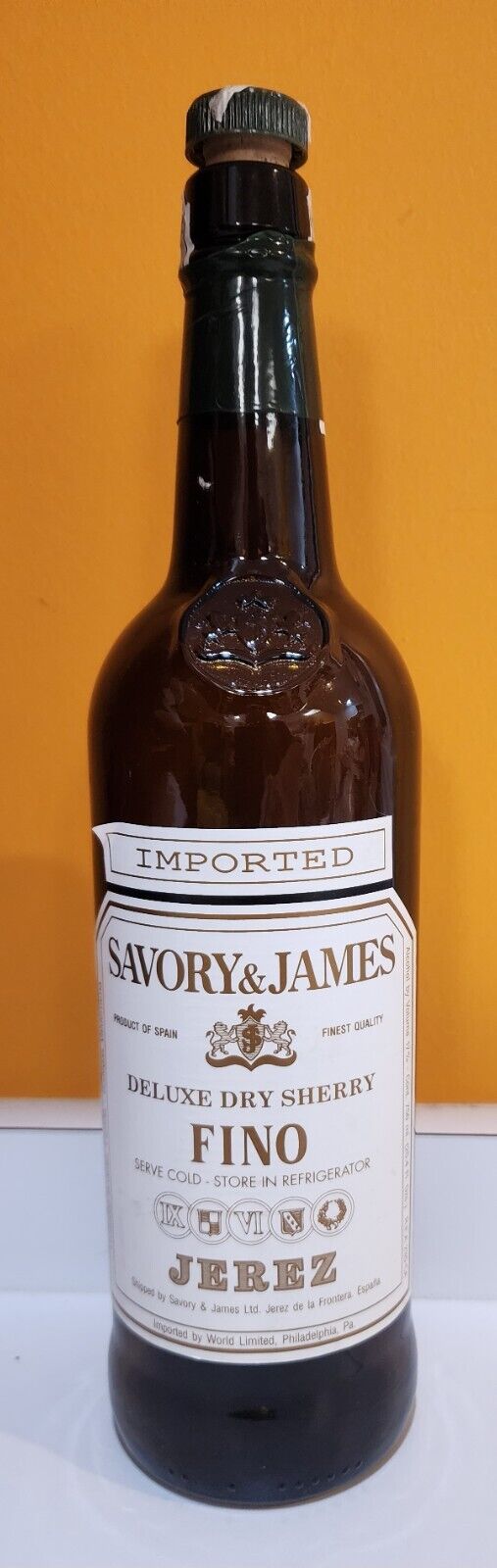 Vintage Savory & James Fino Deluxe Dry Sherry Liqueur Bottle Corked Cap EMPTY