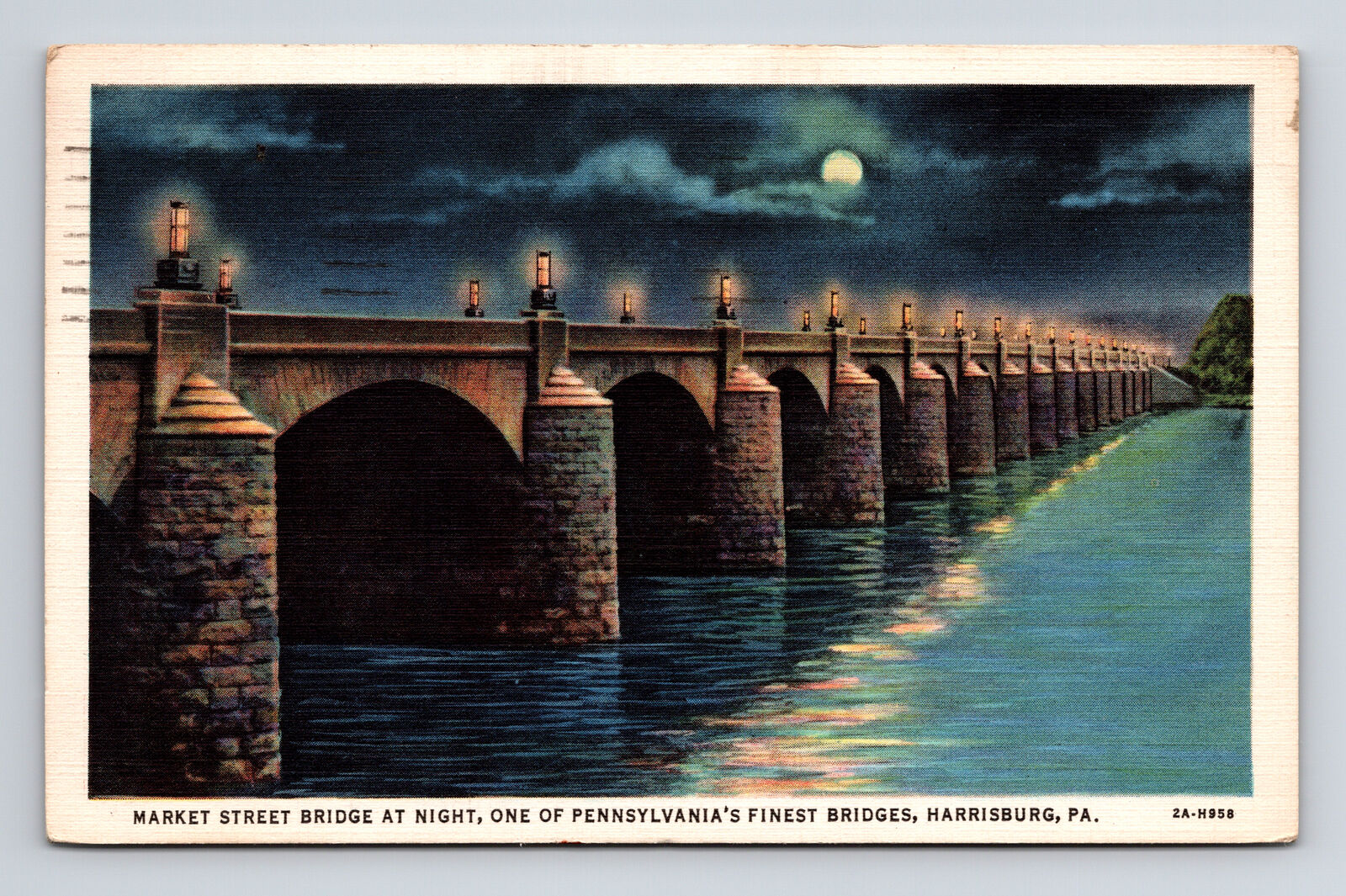 1934 Postcard Harrisburg PA Pennsylvania Market Street Bridge at Night Moonlight