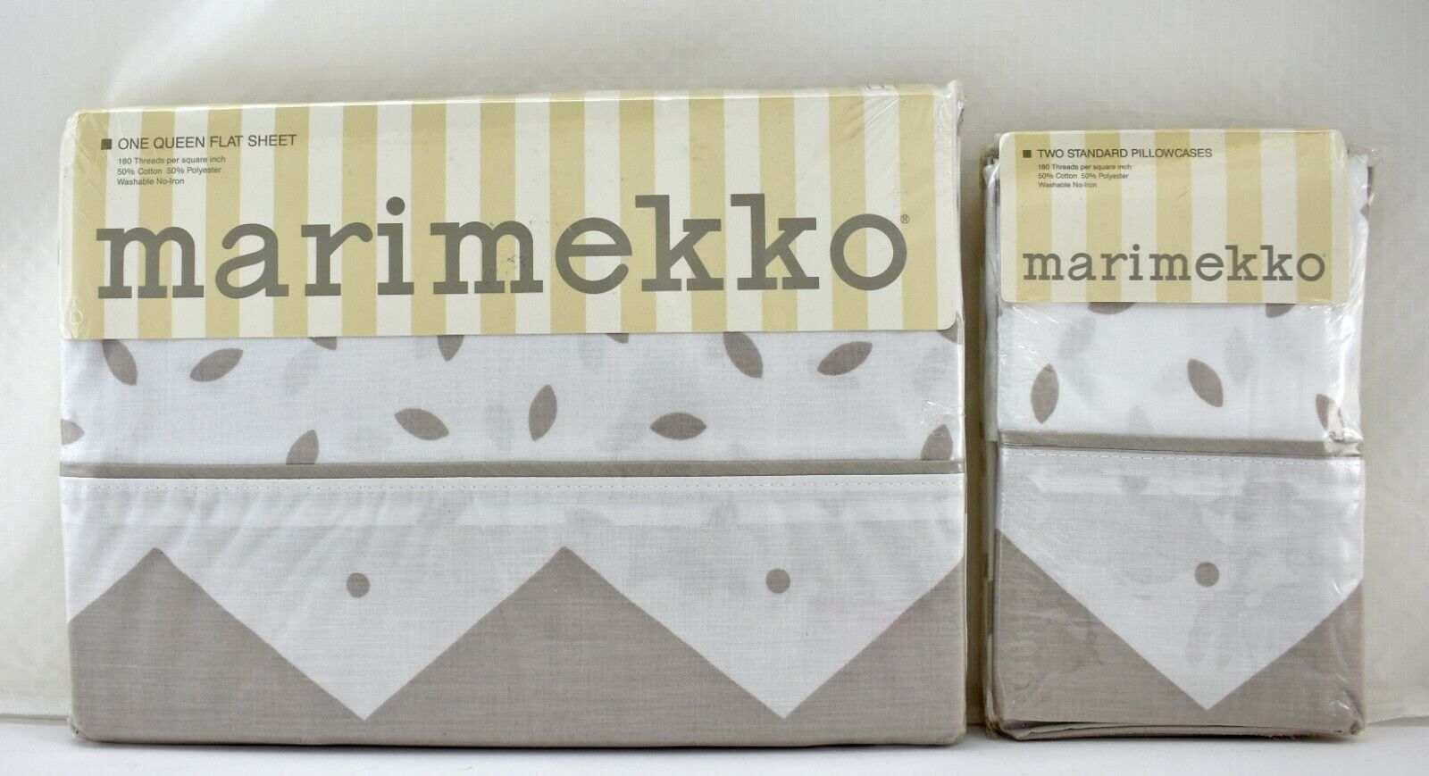 Marimekko Queen Flat Sheet Pillowcases - Dune Design White Tan - 1990 NEW Sealed