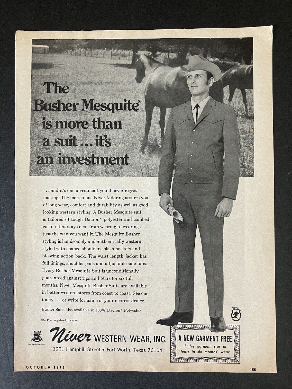1973 Niver Western Wear Inc. Busher Mesquite Suit Forth Worth TX Vtg Print Ad