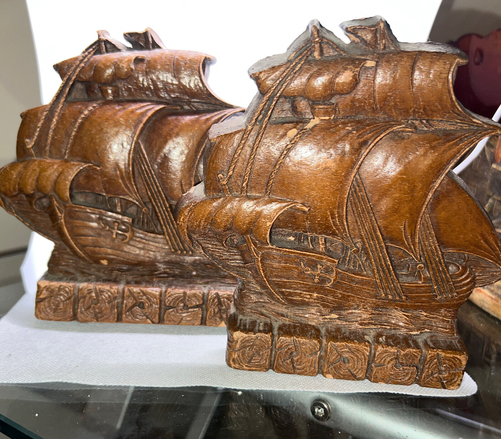 Orna Wood USA Ship Pair of Bookends Vintage