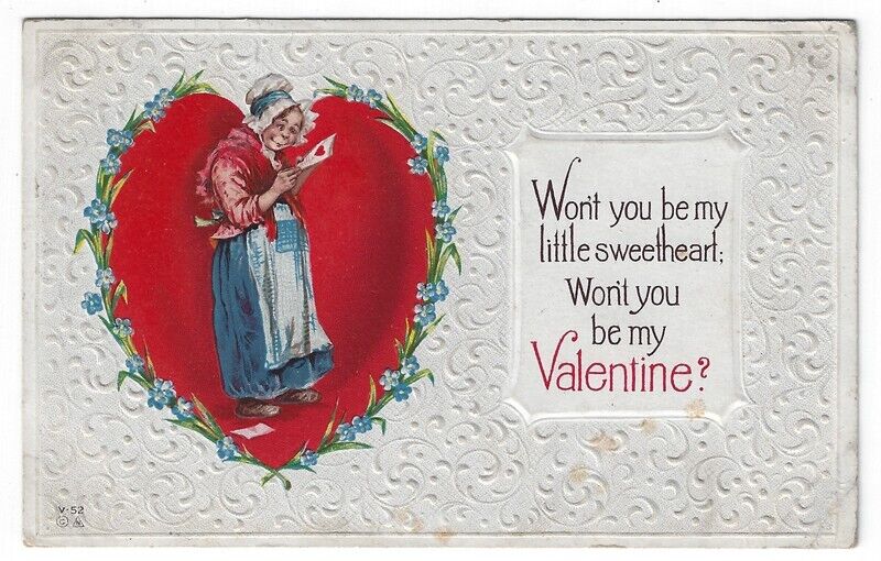 Vintage Valentine Greetings Postcard, Elderly Woman Receiving a Valentine, 1913