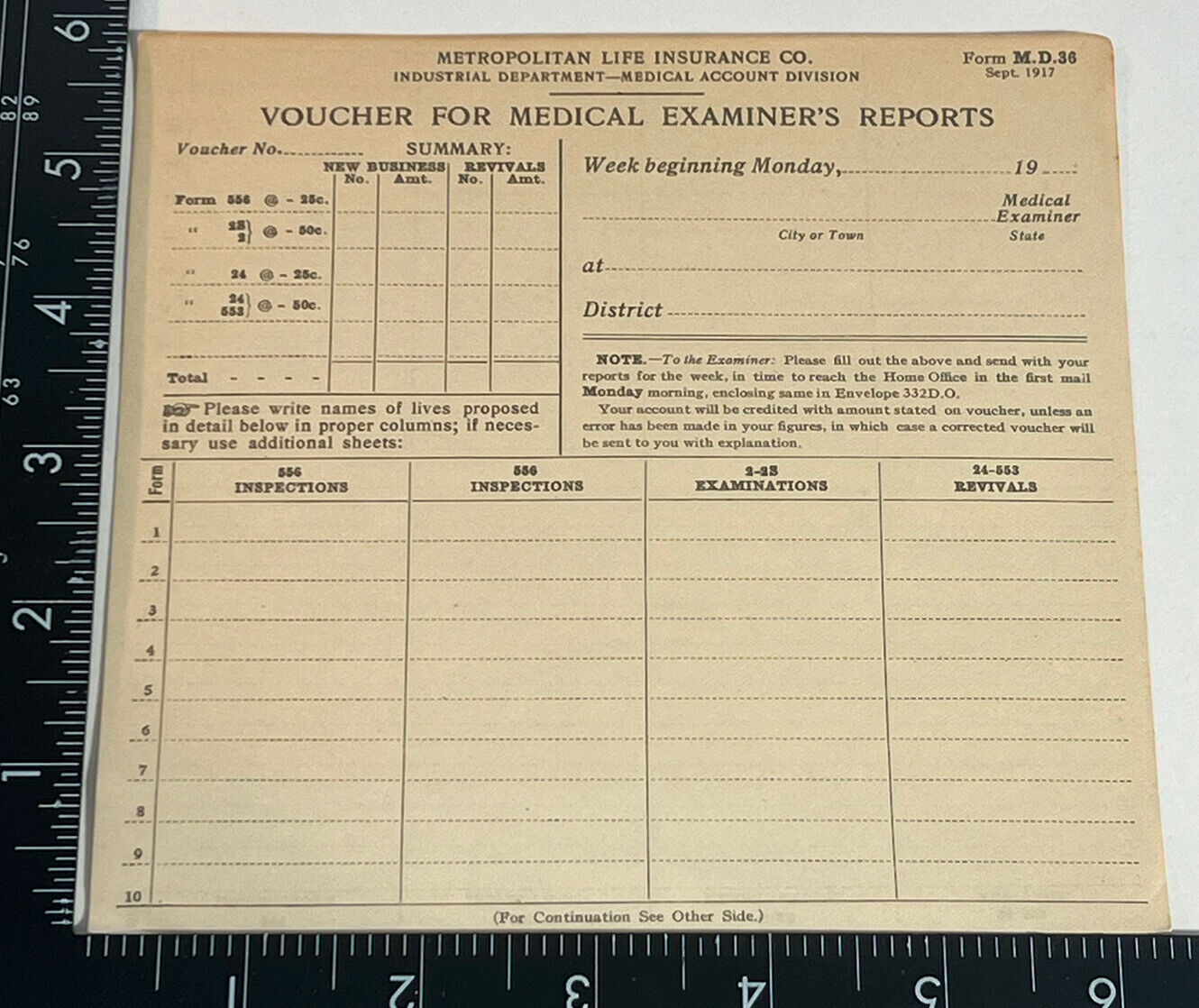 Antique 1917 Metropolitan life insurance voucher for medical Examiner Report