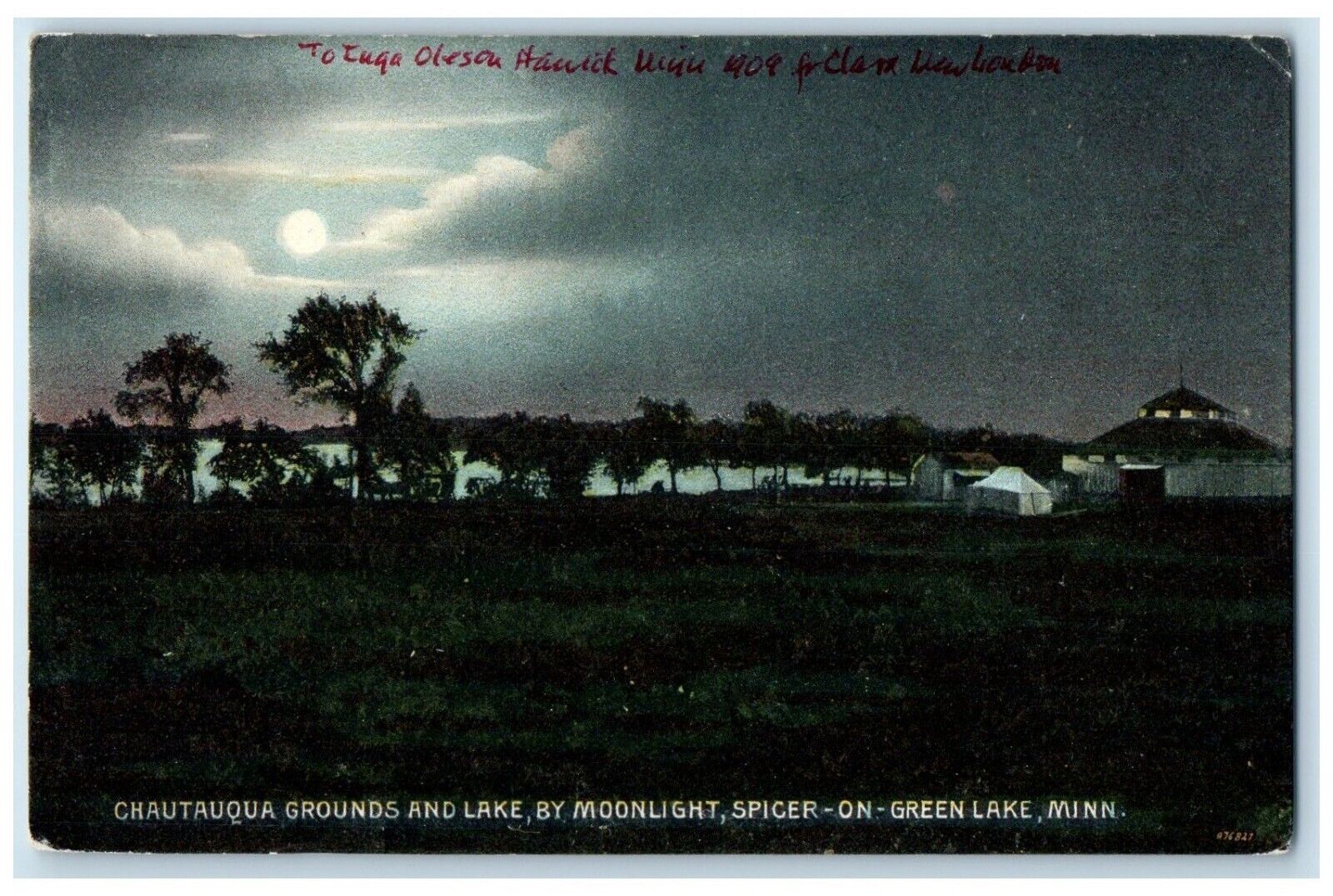 1909 Chautauqua Grounds And Lake Moonlight Spicer On Green Lake MN Postcard