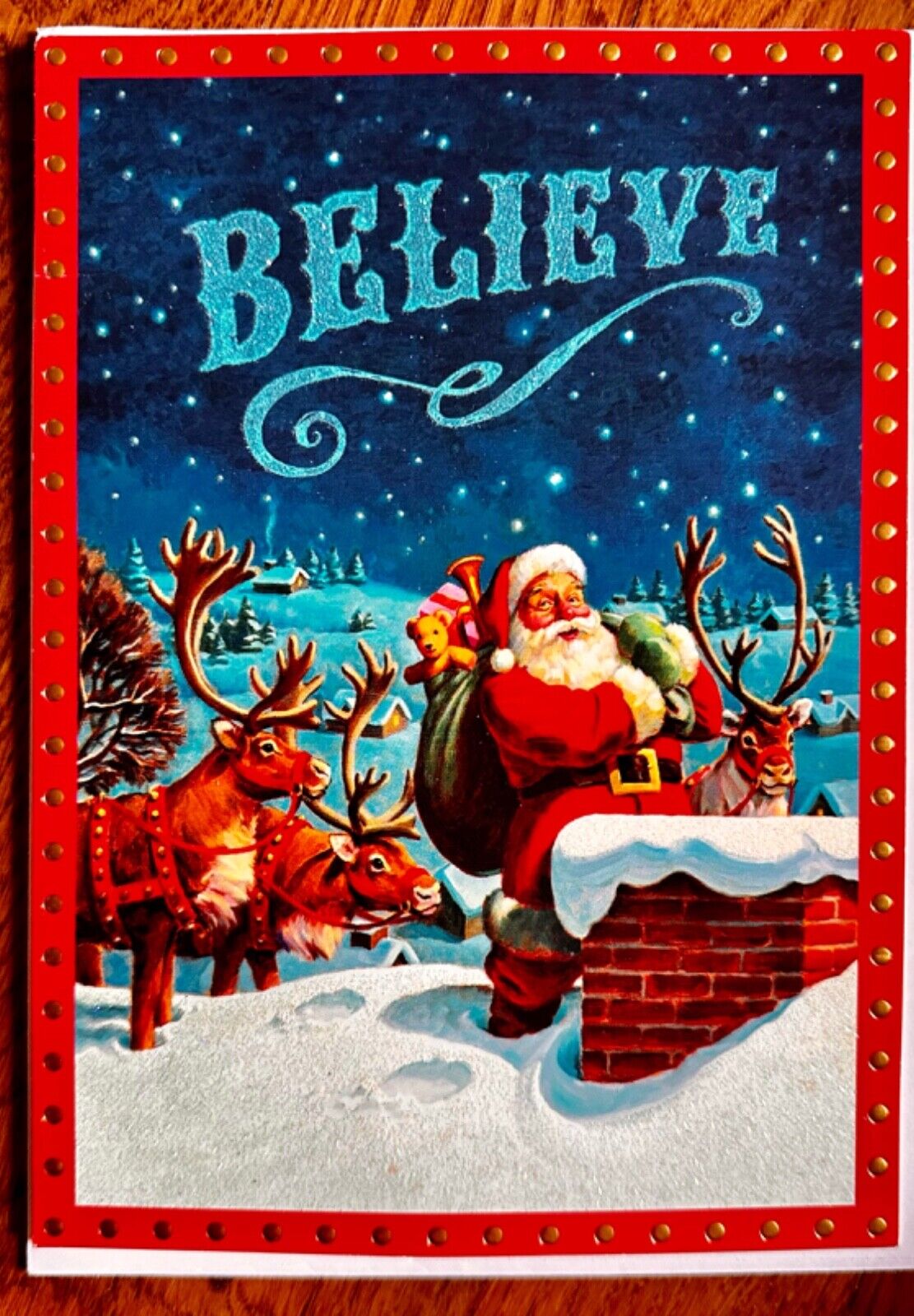 NEW Hallmark Large Christmas Card Santa Reindeer Embellished Glitter “Believe “