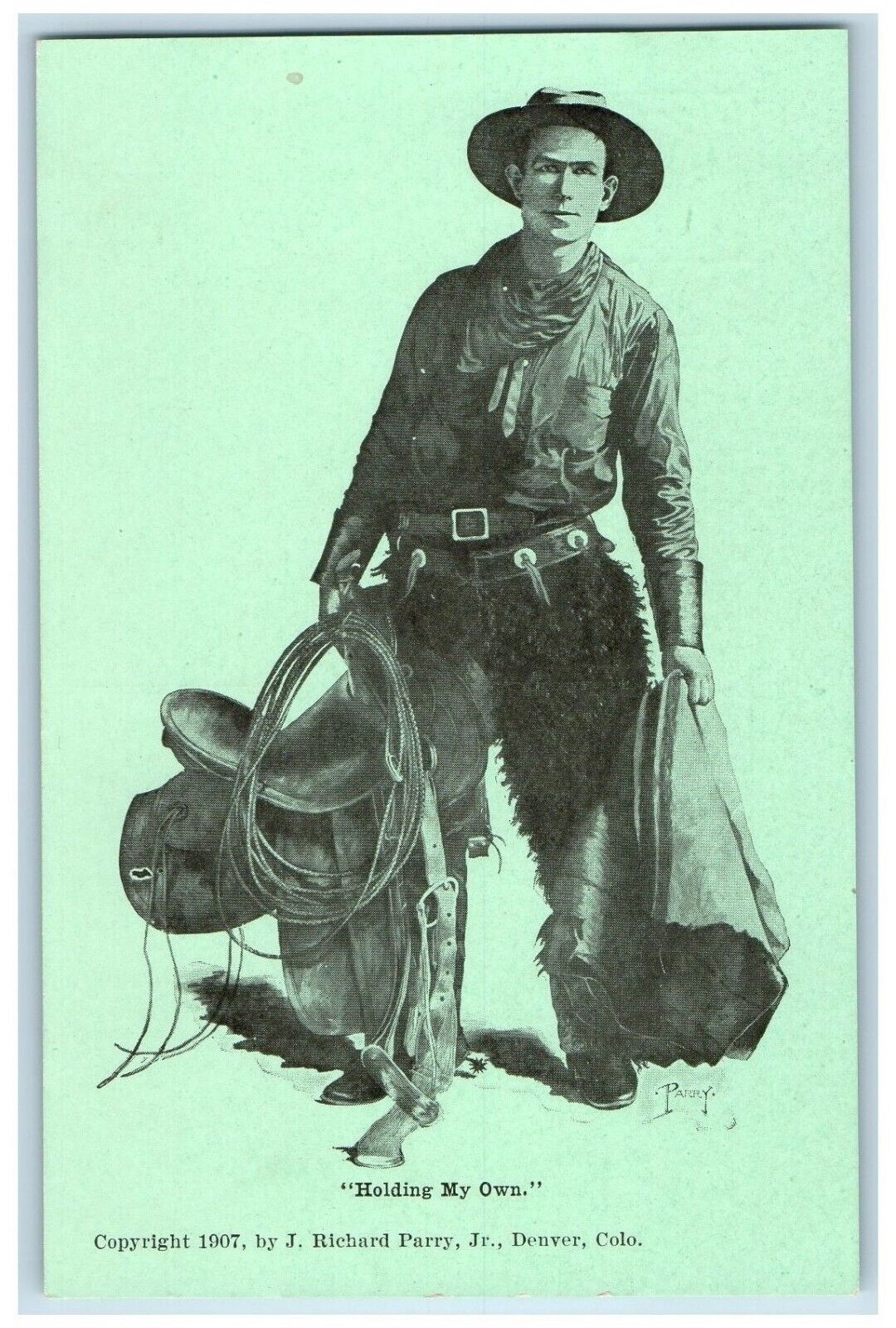 Parry Artist Signed Postcard Cowboy Holding My Own c1910's Unposted Antique